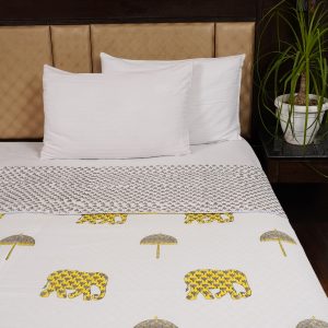 Craftiles – DH1117 Elephant Handblock Printed Reversible Dohar By Jaipur Dharohar – Yellow