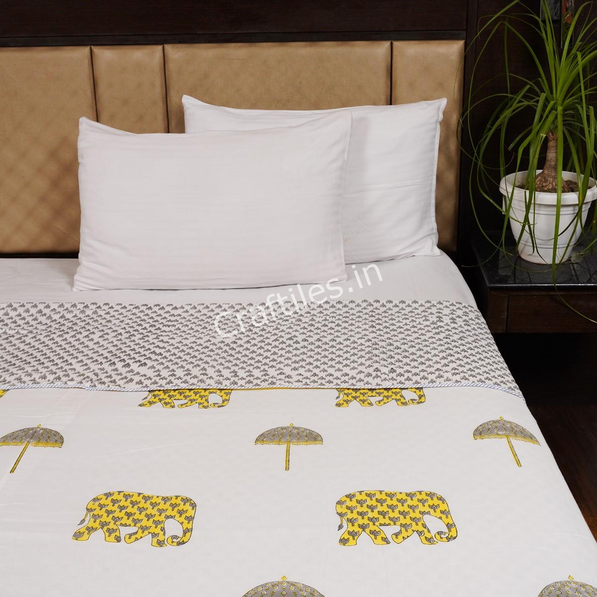 Craftiles – DH1117 Elephant Handblock Printed Reversible Dohar By Jaipur Dharohar – Yellow