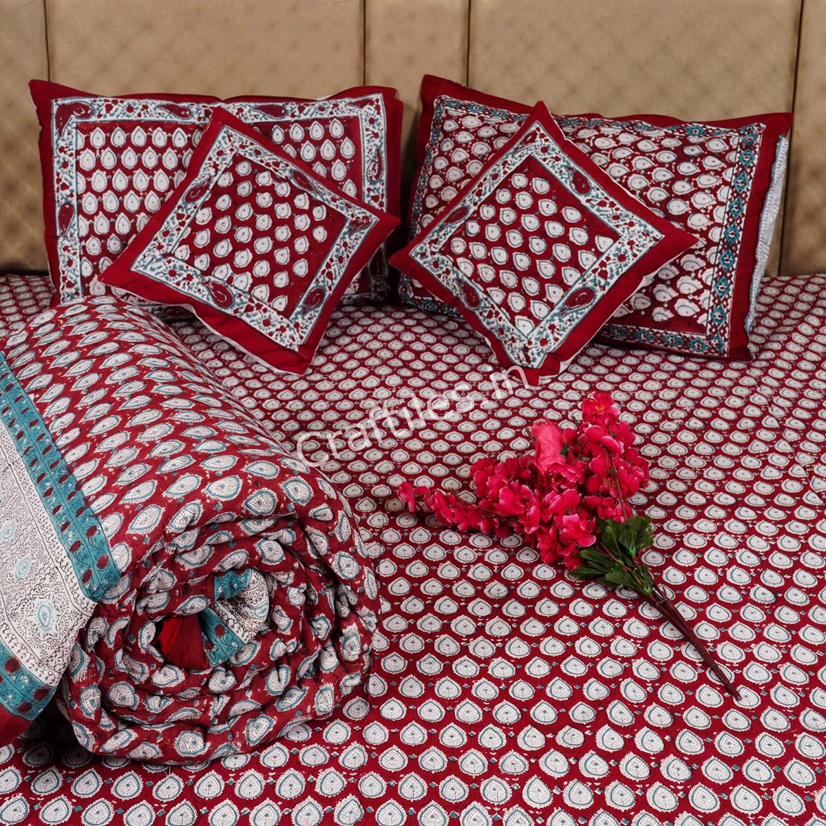 Craftiles - BS1145 Booti Jaipuri Handblock Printed Bedding Set by Jaipur dharohar for Home and Wedding Gift - Red