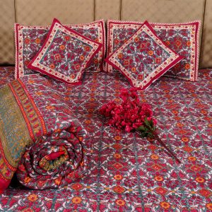 Craftiles - BS1133 Brodux Jaipuri Handblock Printed Bedding Set by Jaipur dharohar for Home and Wedding Gift - Red