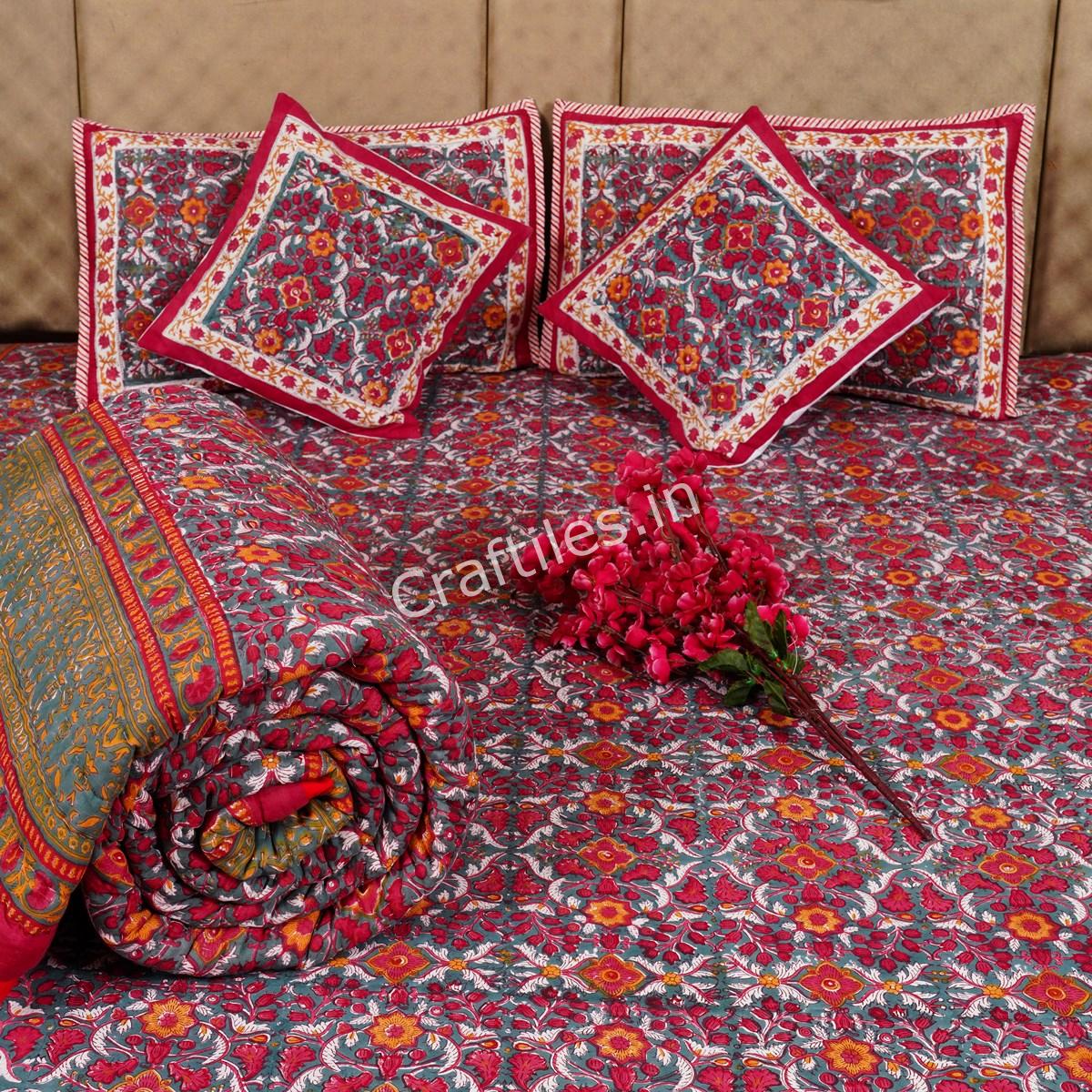 Craftiles - BS1133 Brodux Jaipuri Handblock Printed Bedding Set by Jaipur dharohar for Home and Wedding Gift - Red
