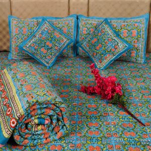 Craftiles - BS1112 Lotus Jaipuri Handblock Printed Bedding Set by Jaipur dharohar for Home and Wedding Gift - Blue