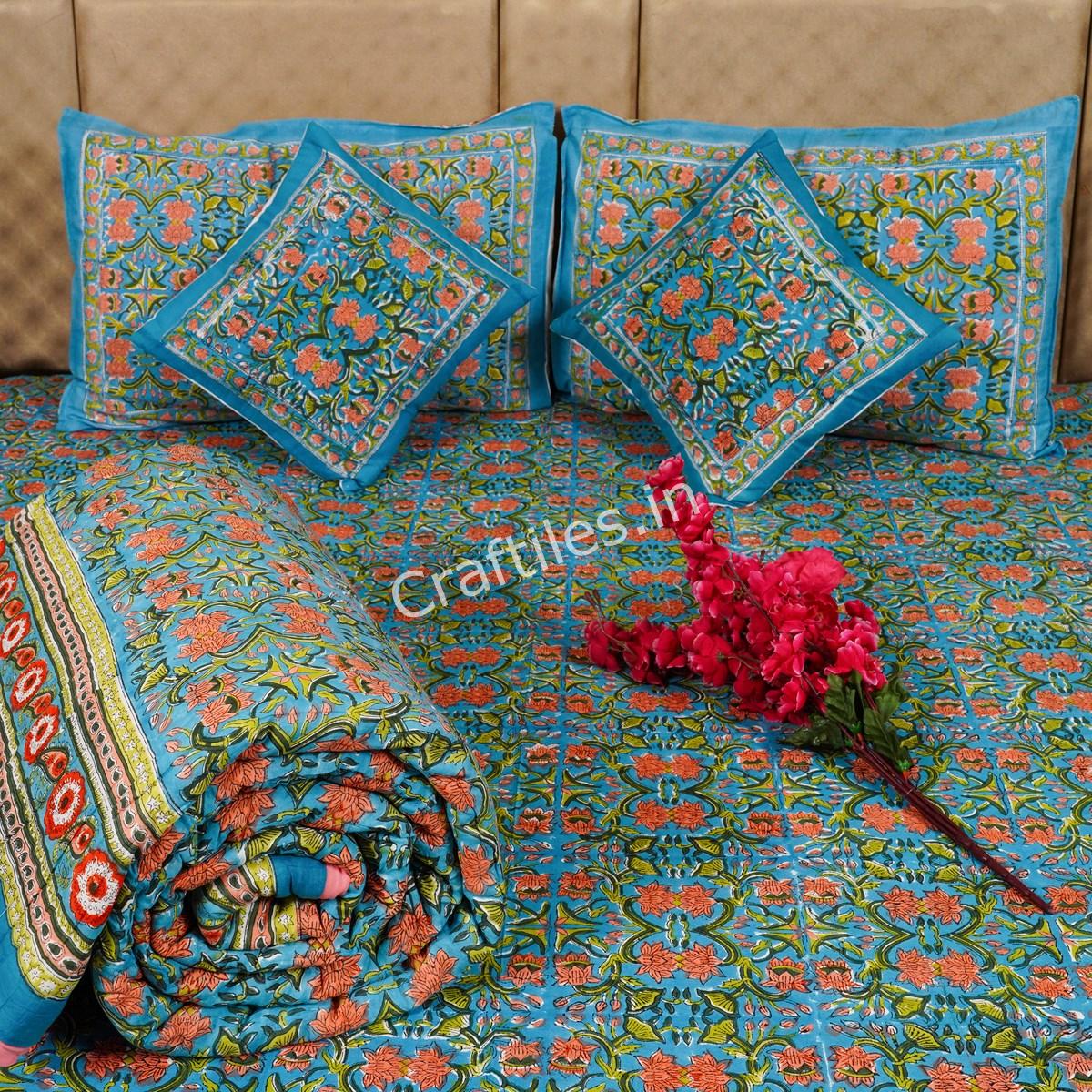 Craftiles - BS1112 Lotus Jaipuri Handblock Printed Bedding Set by Jaipur dharohar for Home and Wedding Gift - Blue