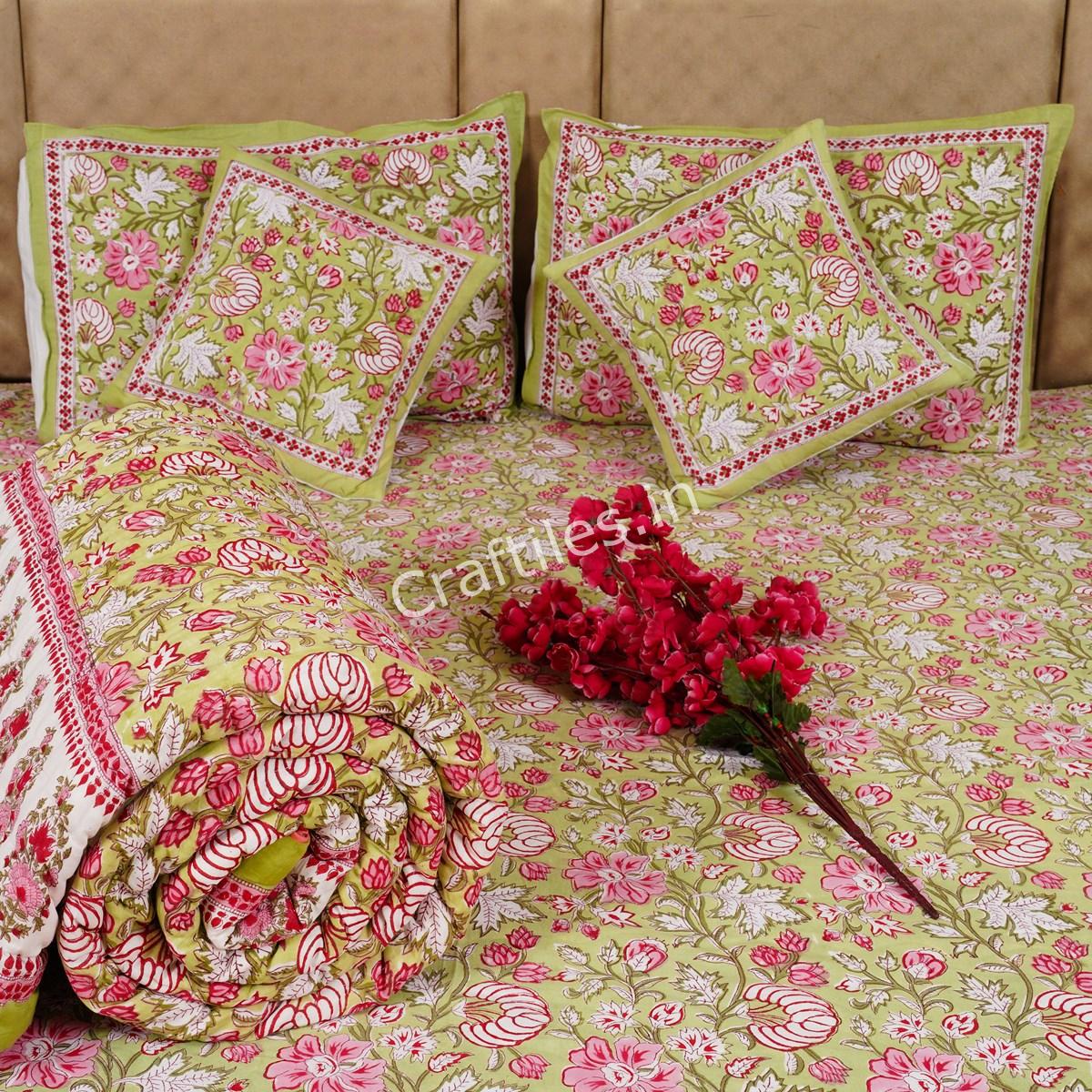 Craftiles - BS1114 Birla Jaipuri Handblock Printed Bedding Set by Jaipur dharohar for Home and Wedding Gift - Green