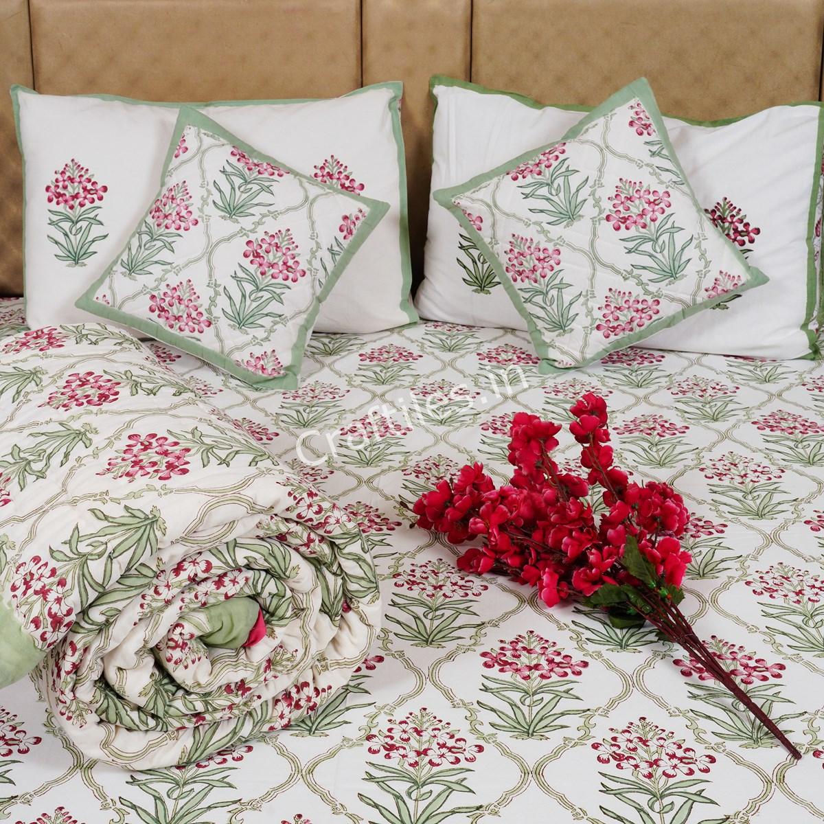Craftiles - BS1143 Hawamahal Jaipuri Handblock Printed Bedding Set by Jaipur dharohar for Home and Wedding Gift - Green