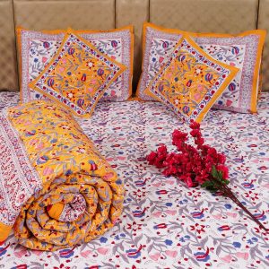 Craftiles - BS1124R Royal Jaipuri Handblock Printed Bedding Set by Jaipur dharohar for Home and Wedding Gift - Yellow