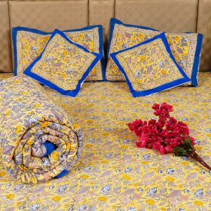 Craftiles - BS1135 Theme Jaipuri Handblock Printed Bedding Set by Jaipur dharohar for Home and Wedding Gift - Yellow