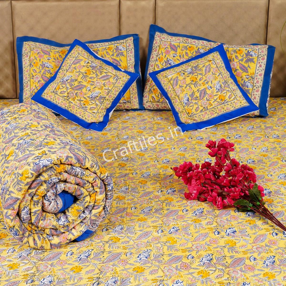 Craftiles - BS1135 Theme Jaipuri Handblock Printed Bedding Set by Jaipur dharohar for Home and Wedding Gift - Yellow