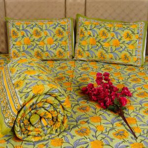Craftiles - BS1134 Jiva Jaipuri Handblock Printed Bedding Set by Jaipur dharohar for Home and Wedding Gift - Green
