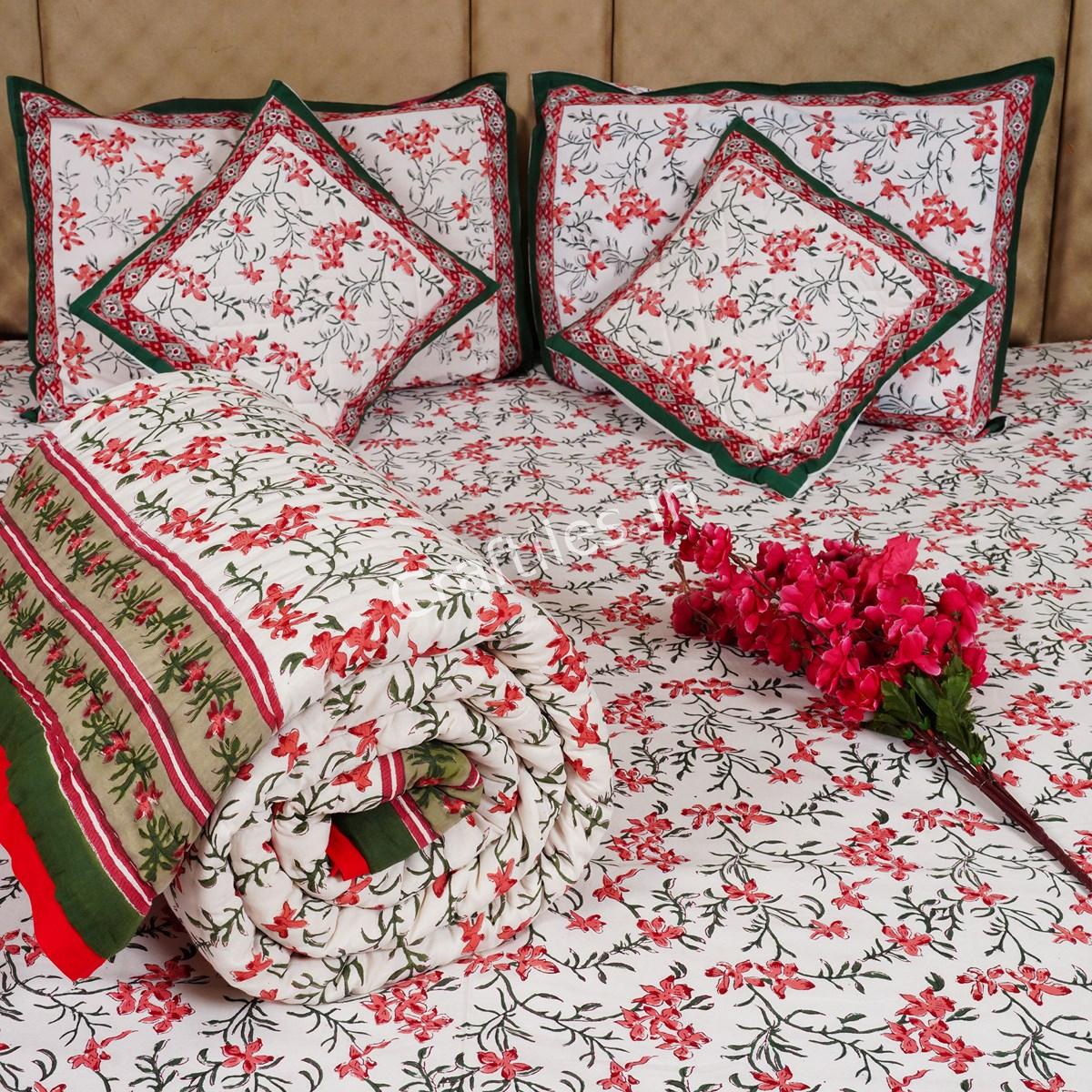 Craftiles - BS1075R Elephant Jaipuri Handblock Printed Bedding Set by Jaipur dharohar for Home and Wedding Gift - Red
