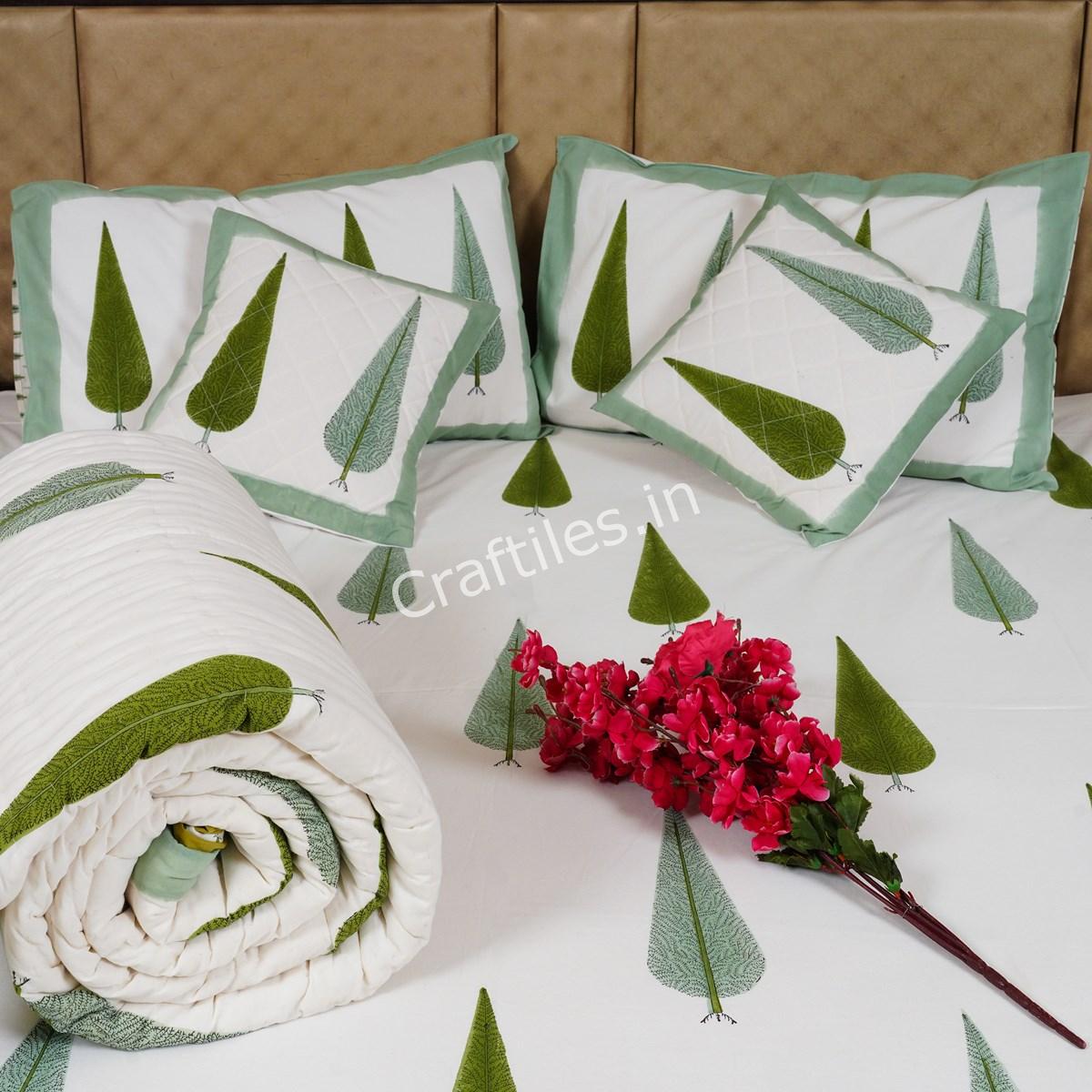 Craftiles - BS1147Q Elephant Jaipuri Handblock Printed Bedding Set by Jaipur dharohar for Home and Wedding Gift - Green