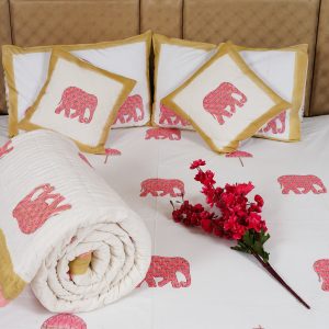 Craftiles - BS1117Q Elephant Jaipuri Handblock Printed Bedding Set by Jaipur dharohar for Home and Wedding Gift - Pink