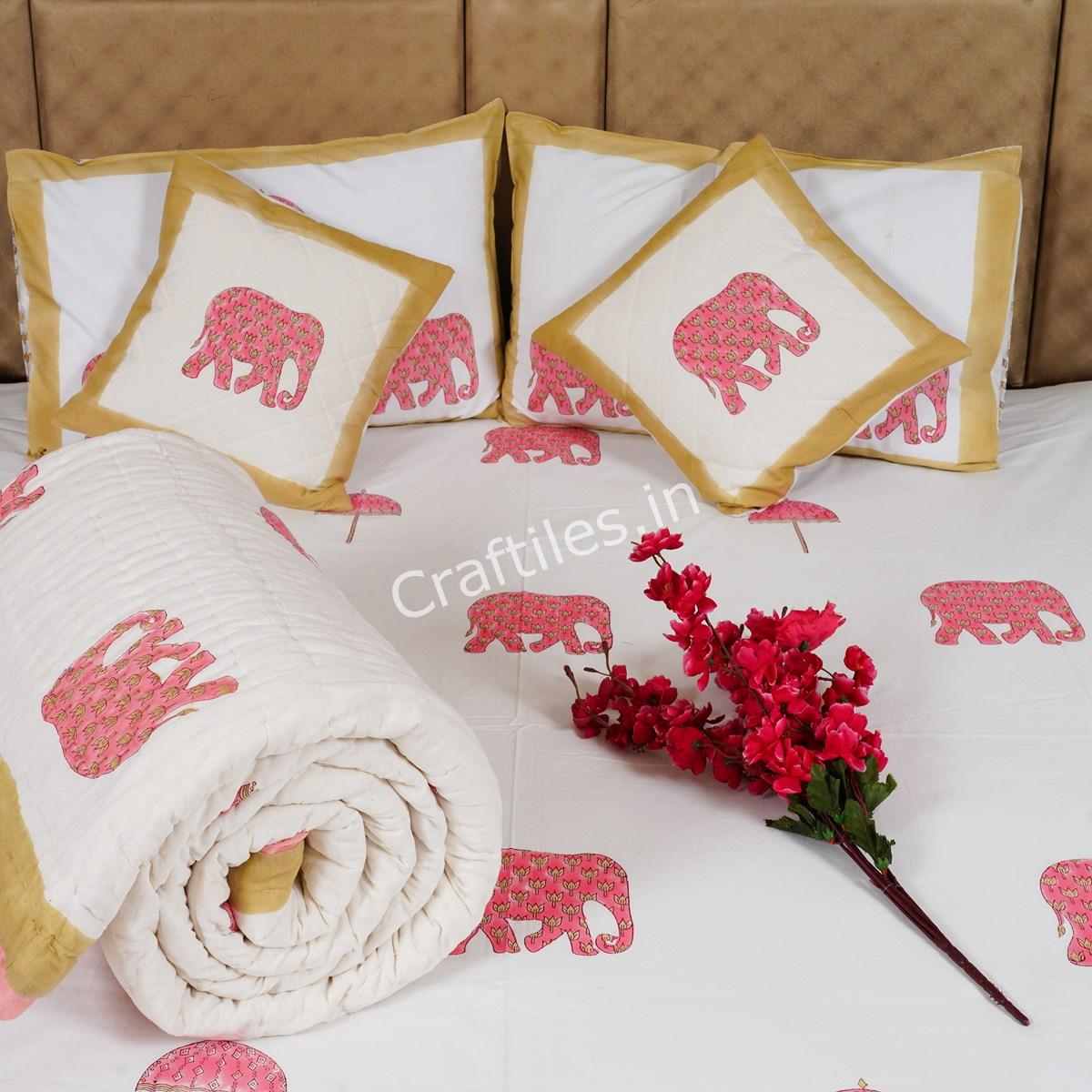 Craftiles - BS1117Q Elephant Jaipuri Handblock Printed Bedding Set by Jaipur dharohar for Home and Wedding Gift - Pink