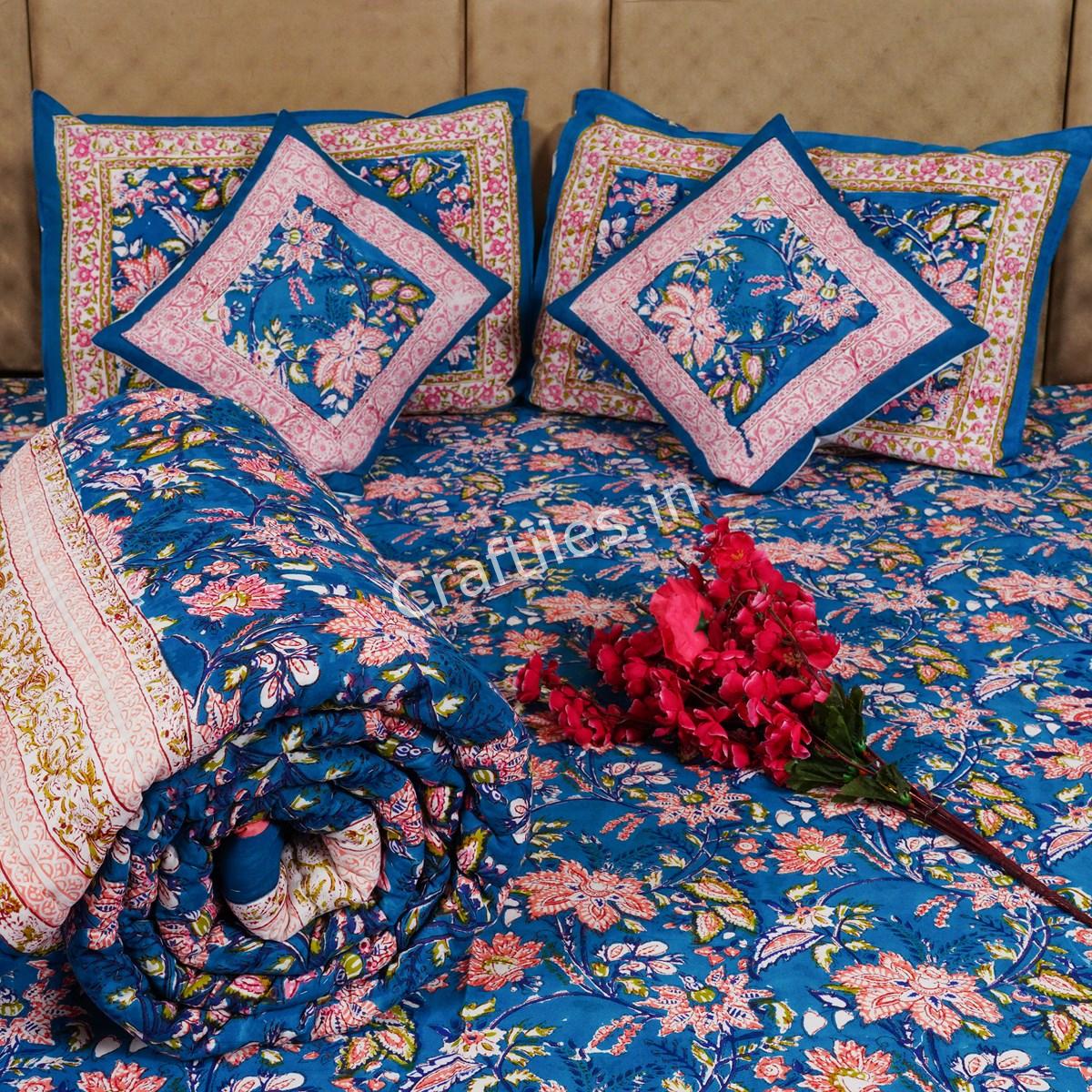Craftiles - BS1103 Ratna Jaipuri Handblock Printed Bedding Set by Jaipur dharohar for Home and Wedding Gift - Blue