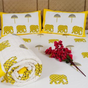 Craftiles - BS1117 Elephant Jaipuri Handblock Printed Bedding Set by Jaipur dharohar for Home and Wedding Gift - Yellow