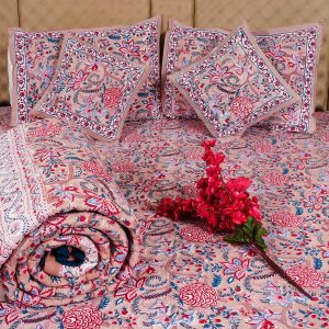 Craftiles - BS1122 Saat Kaam Jaipuri Handblock Printed Bedding Set by Jaipur dharohar for Home and Wedding Gift - Pink