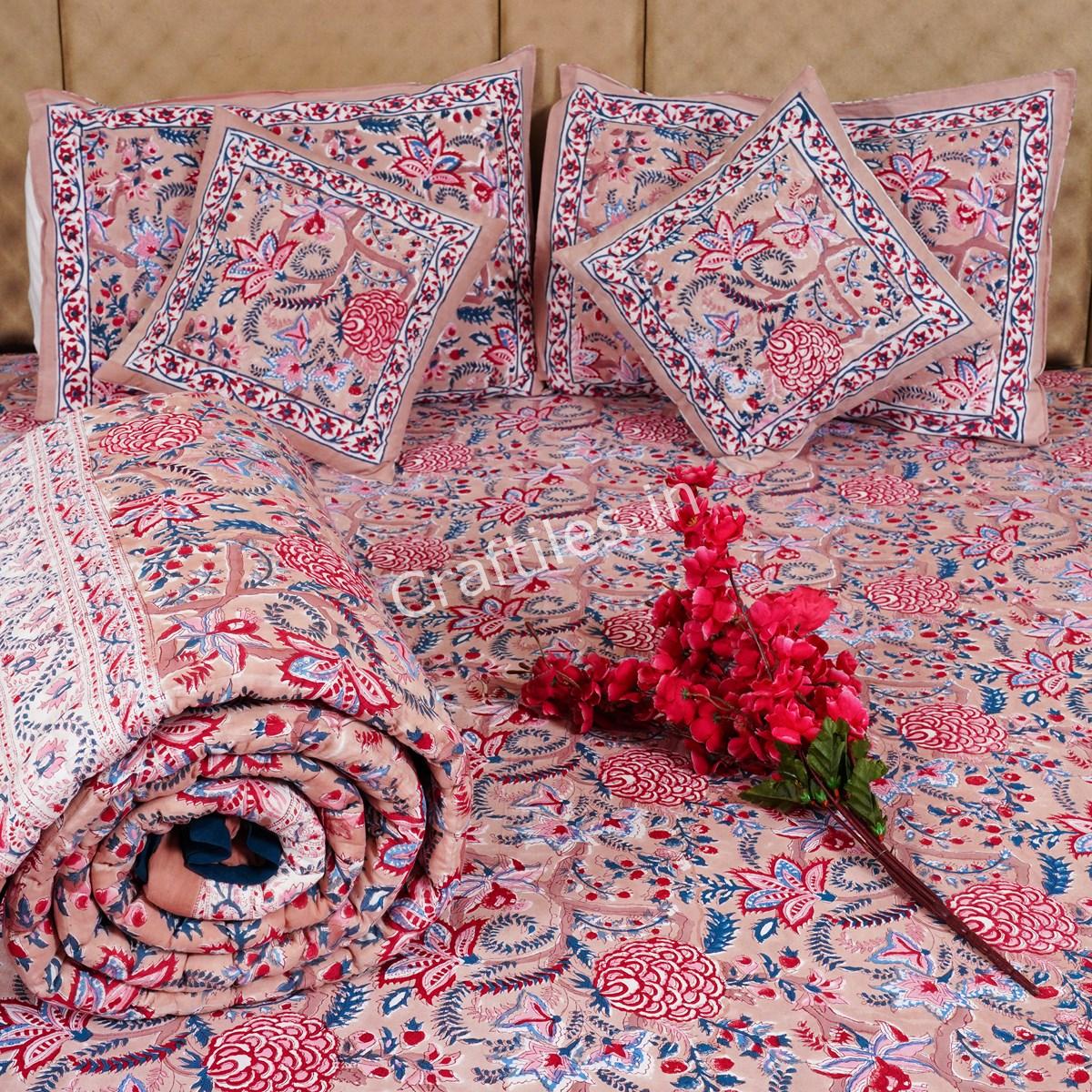 Craftiles - BS1122 Saat Kaam Jaipuri Handblock Printed Bedding Set by Jaipur dharohar for Home and Wedding Gift - Pink