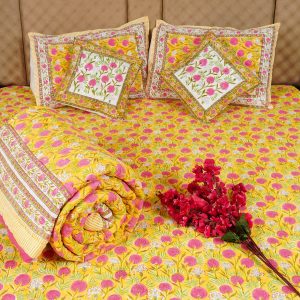 Craftiles - BS1064 FeatherJaipuri Handblock Printed Bedding Set by Jaipur dharohar for Home and Wedding Gift - Yellow