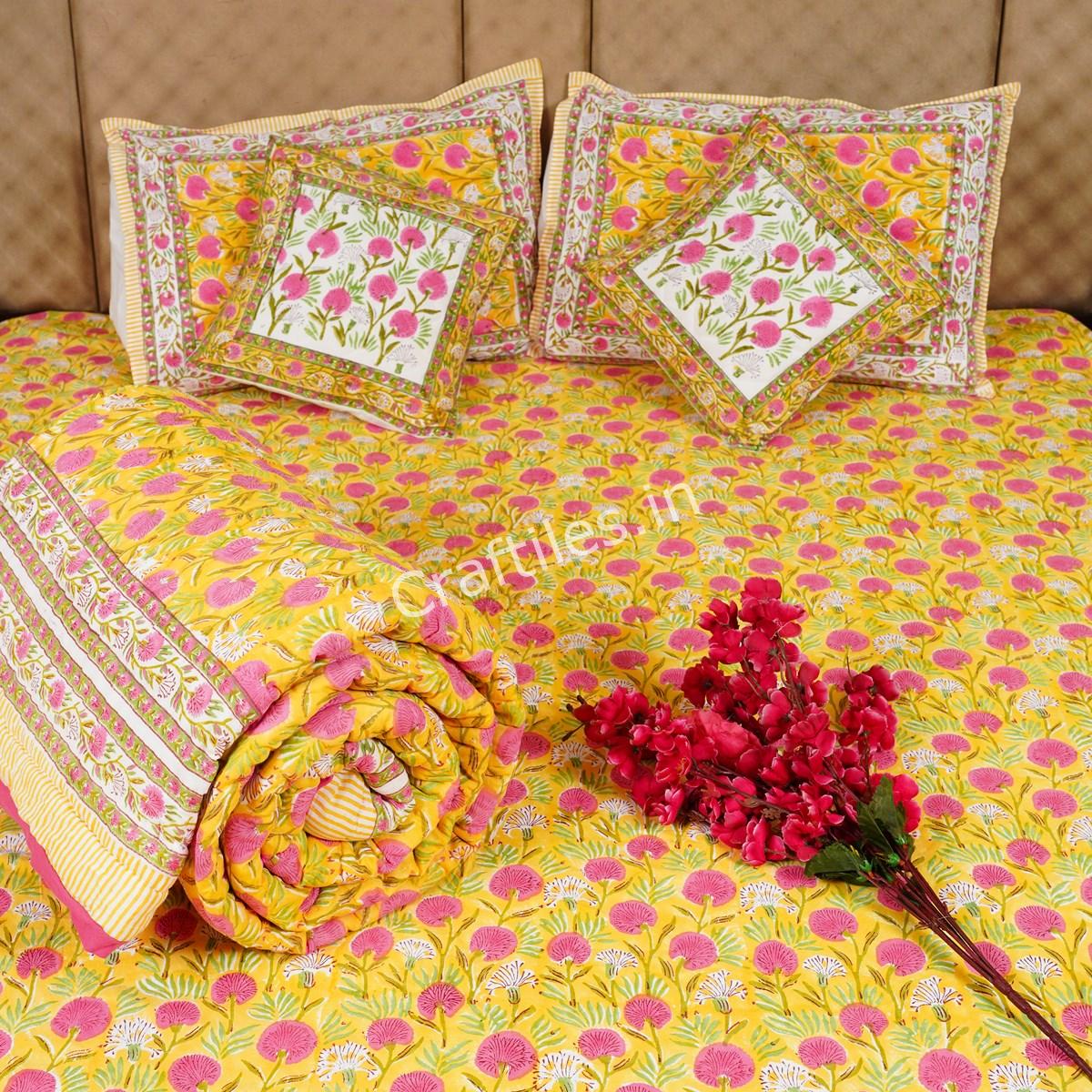 Craftiles - BS1064 FeatherJaipuri Handblock Printed Bedding Set by Jaipur dharohar for Home and Wedding Gift - Yellow