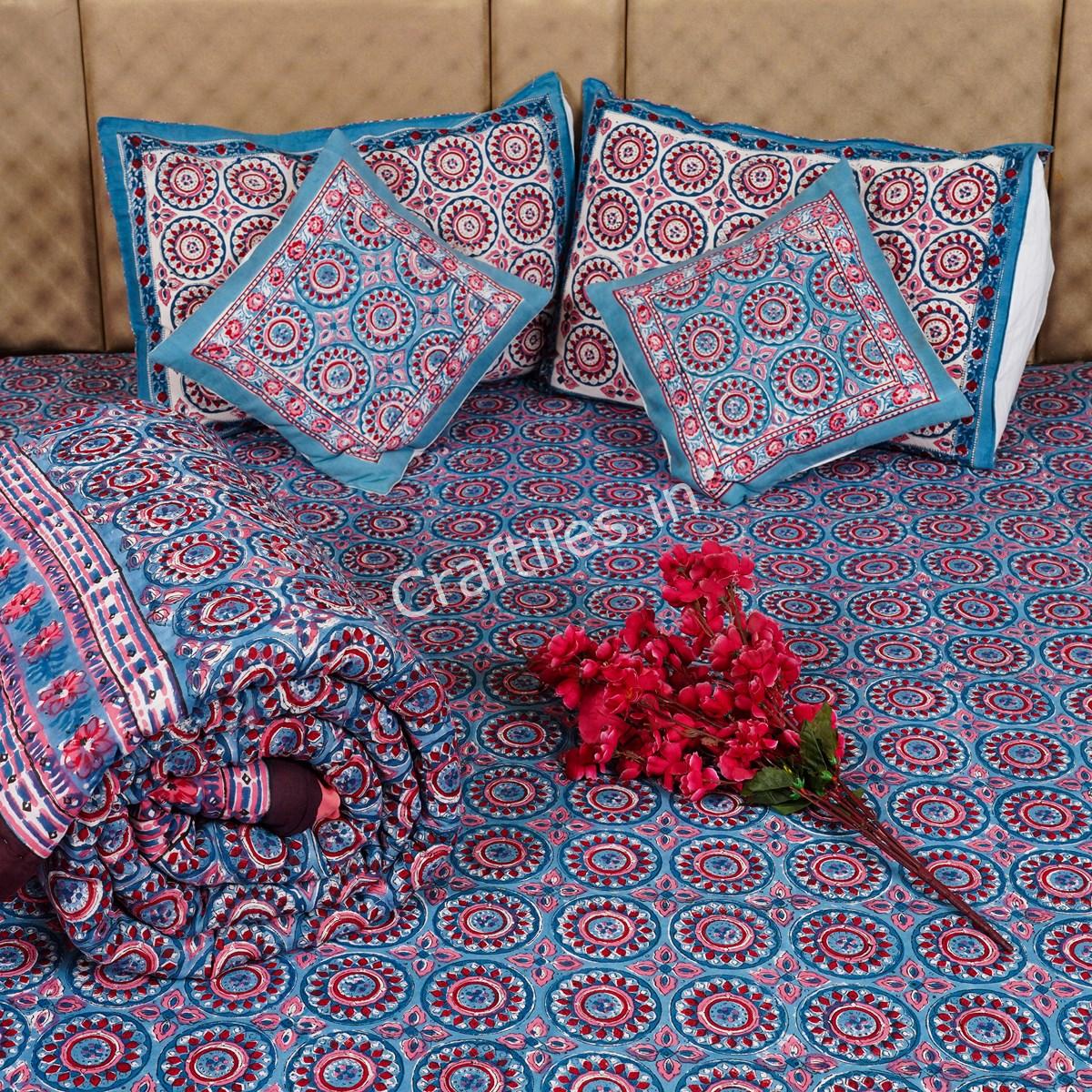 Craftiles - BS1113 Chakri Jaipuri Handblock Printed Bedding Set by Jaipur dharohar for Home and Wedding Gift - Blue