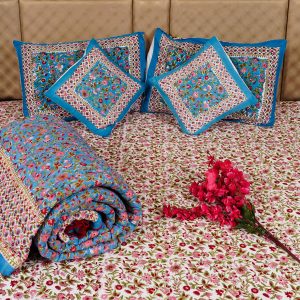 Craftiles - BS1119R Sea Jaipuri Handblock Printed Bedding Set by Jaipur dharohar for Home and Wedding Gift - Blue