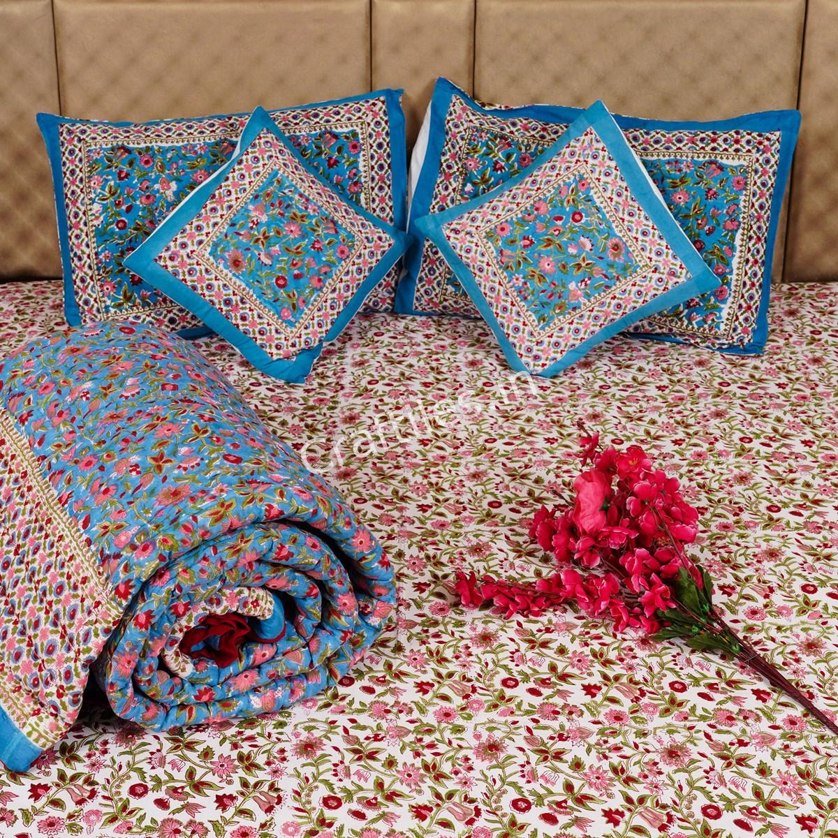 Craftiles - BS1119R Sea Jaipuri Handblock Printed Bedding Set by Jaipur dharohar for Home and Wedding Gift - Blue