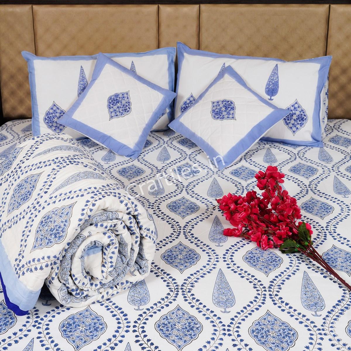 Craftiles - BS1125 Chinaar Jaipuri Handblock Printed Bedding Set by Jaipur dharohar for Home and Wedding Gift - Blue