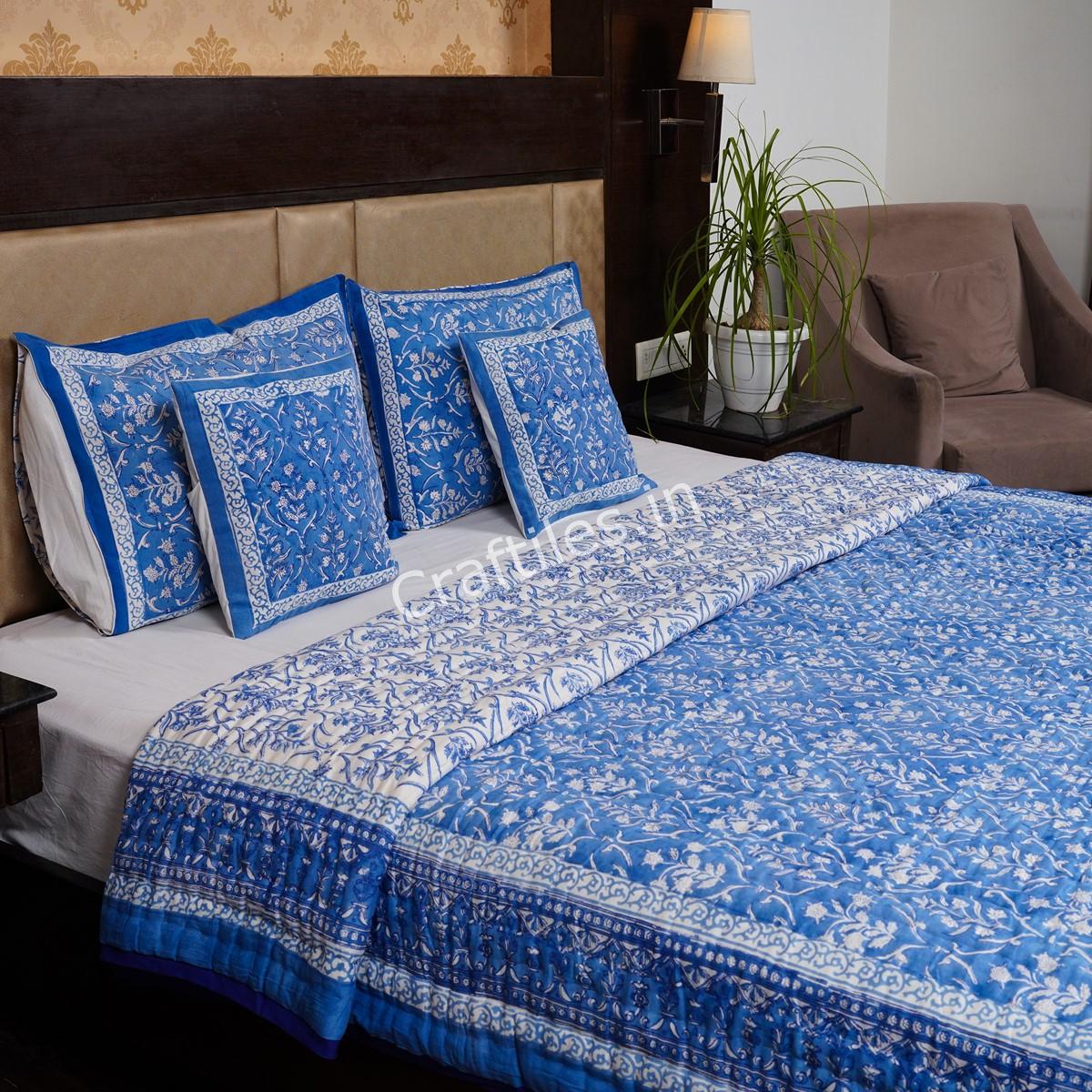 Craftiles - Denim Jaipuri Handblock Printed Reversible Jaipuri Quilt by Jaipurdharohar - Blue - Image 3