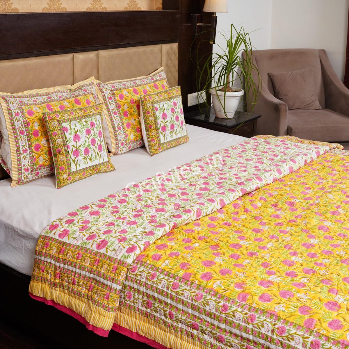 Craftiles - Kashyap Jaipuri Handblock Printed Reversible Jaipuri Quilt by Jaipurdharohar - Yellow - Image 3
