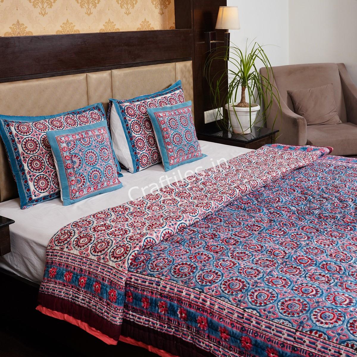 Chakri Jaipuri Handblock Printed Reversible Jaipuri Quilt by Jaipurdharohar - Blue - Image 3