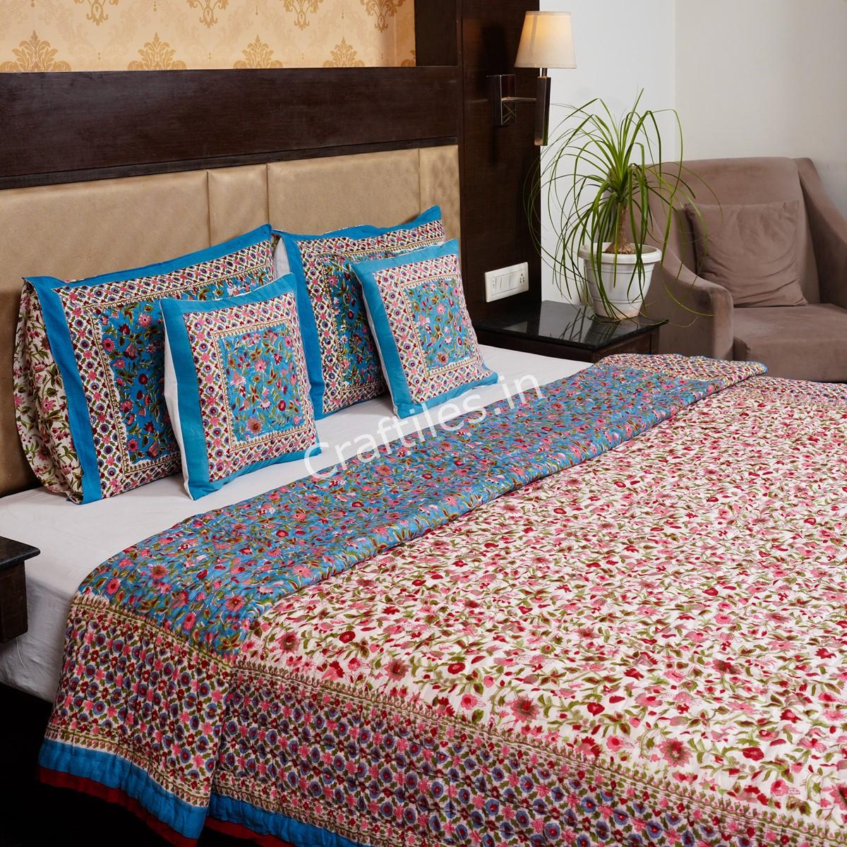 Craftiles - Sea Jaipuri Handblock Printed Reversible Jaipuri Quilt by Jaipurdharohar - Green - Image 3