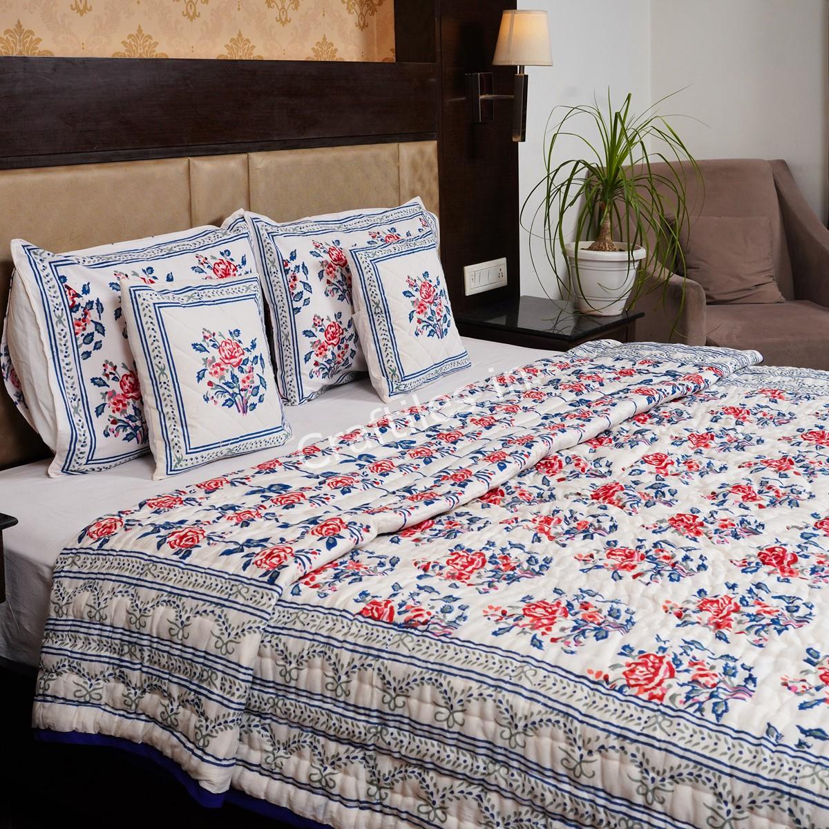 Craftiles - Roseland Jaipuri Handblock Printed Reversible Jaipuri Quilt by Jaipurdharohar - Red - Image 3