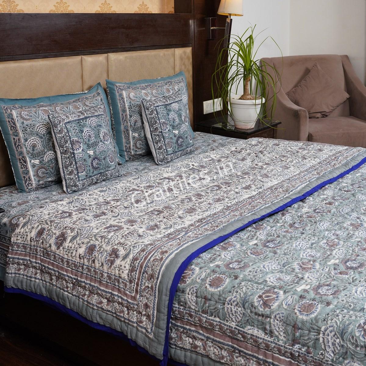 Craftiles - Kashyap Jaipuri Handblock Printed Bedding Set by Jaipur dharohar for Home and Wedding Gift - Gray - Image 2