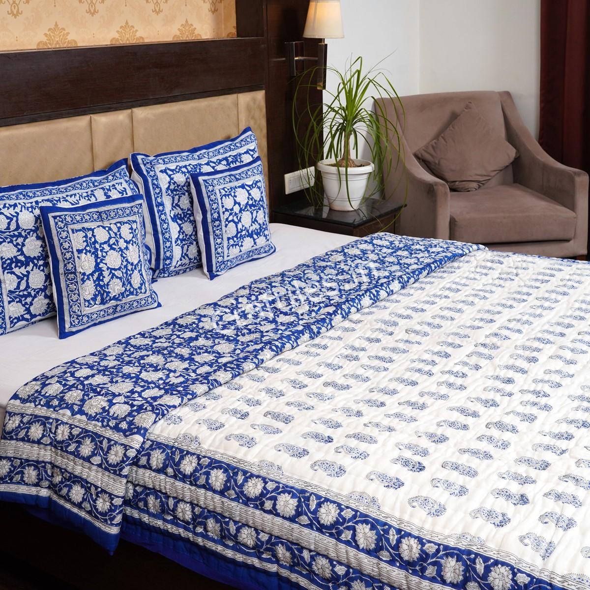 Craftiles - Carry Jaipuri Handblock Printed Reversible Jaipuri Quilt by Jaipurdharohar - Blue - Image 3