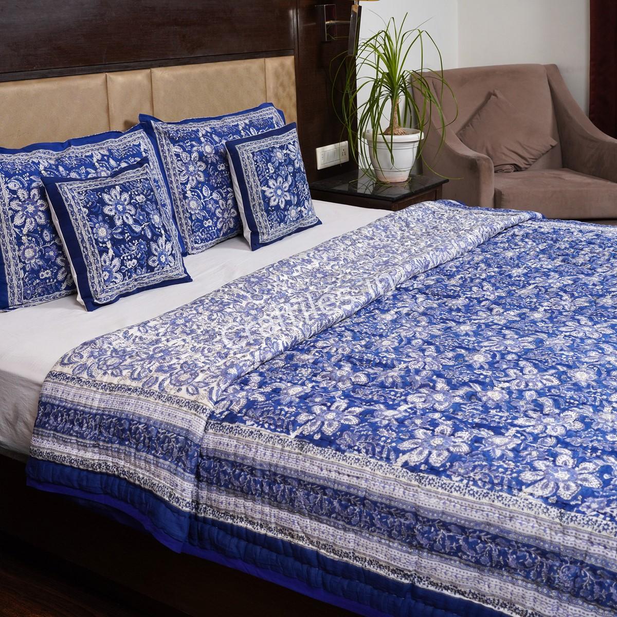 Craftiles -Indigo Jaipuri Handblock Printed Reversible Jaipuri Quilt by Jaipurdharohar - Blue - Image 3
