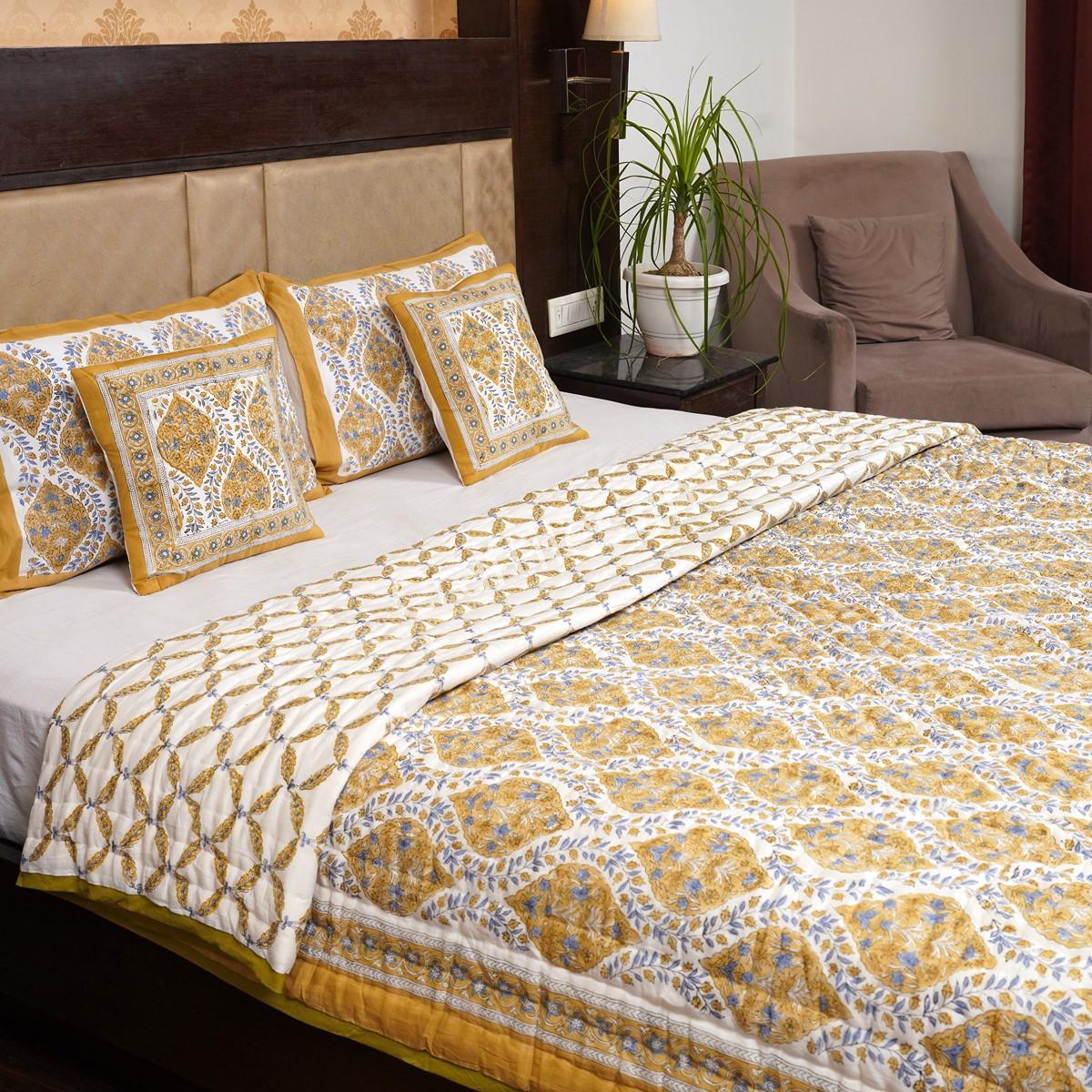 Craftiles -Mahak Jaipuri Handblock Printed Reversible Jaipuri Quilt by Jaipurdharohar - Yellow - Image 3