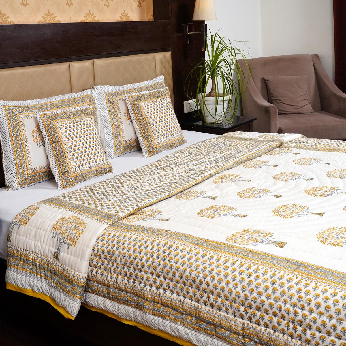 Craftiles - Golden Tree Jaipuri Handblock Printed Reversible Jaipuri Quilt by Jaipurdharohar - Yellow - Image 3