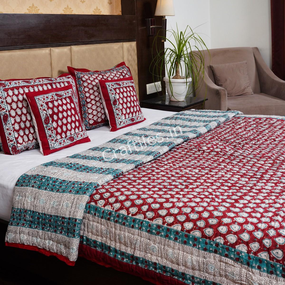 Craftiles - Booti Jaipuri Handblock Printed Reversible Jaipuri Quilt by Jaipurdharohar - Red 1 - Image 3