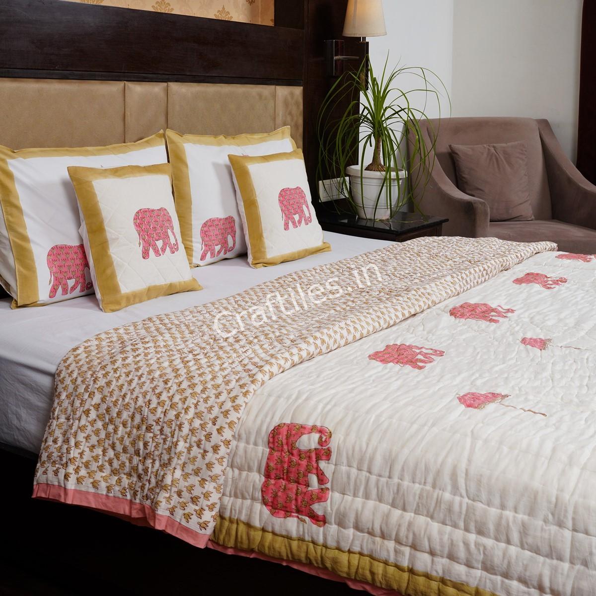 Craftiles - Elephant Jaipuri Handblock Printed Reversible Jaipuri Quilt by Jaipurdharohar - Pink - Image 3