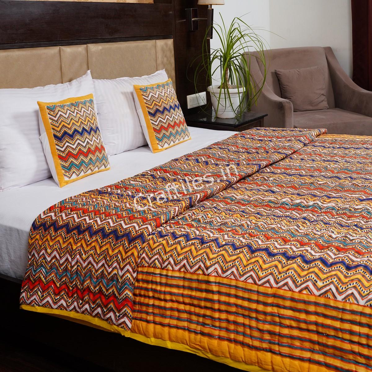 Craftiles - Zigzag Jaipuri Handblock Printed Reversible Jaipuri Quilt by Jaipurdharohar - Yellow - Image 3