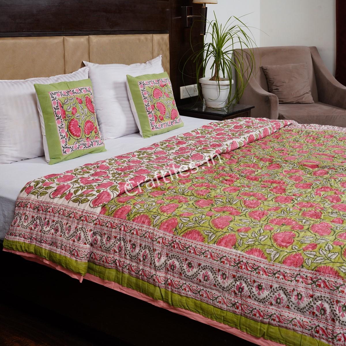 Craftiles -Lotus Jaipuri Handblock Printed Reversible Jaipuri Quilt by Jaipurdharohar - Green - Image 3