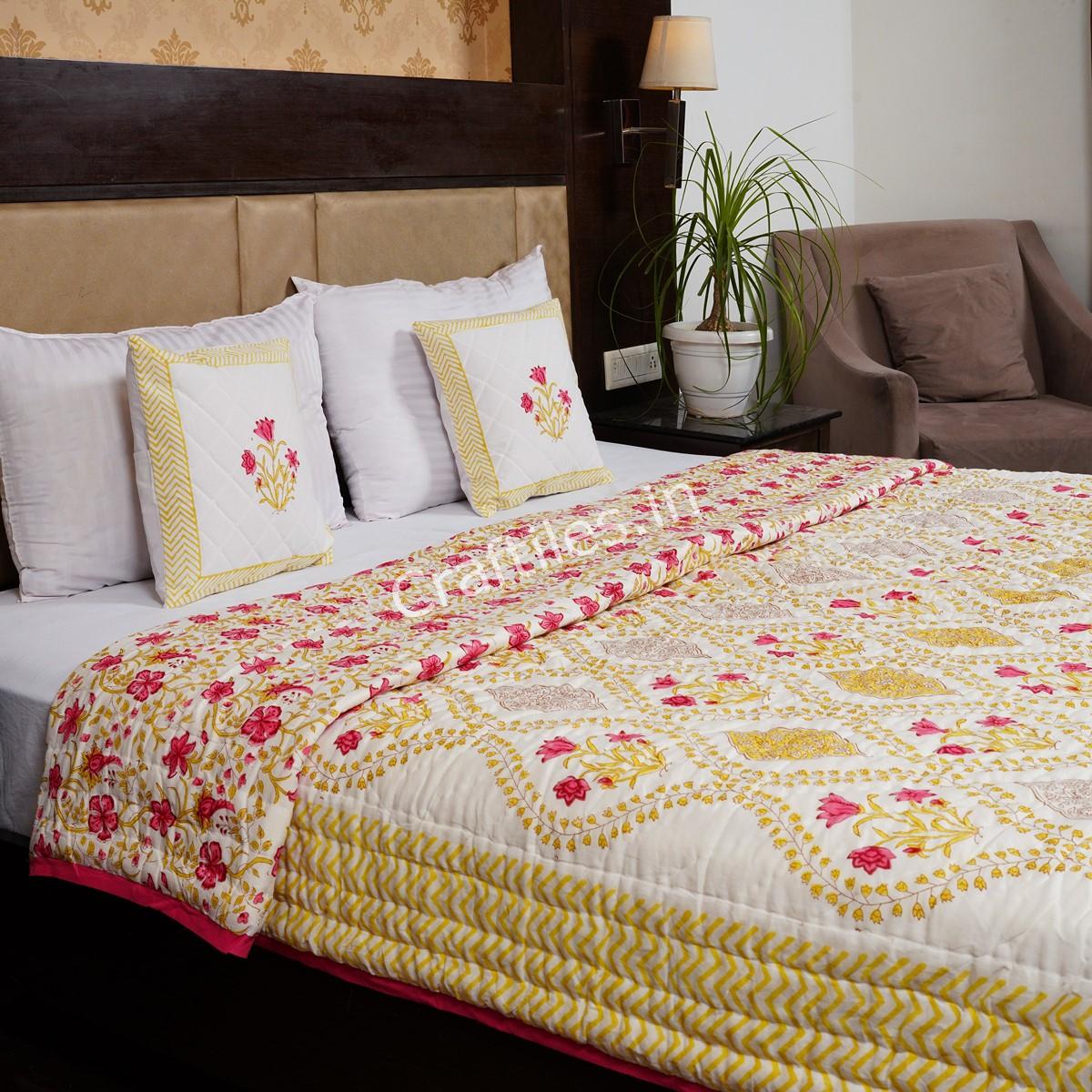 Craftiles - Flower Pot Jaipuri Handblock Printed Reversible Jaipuri Quilt by Jaipurdharohar - Green - Image 3