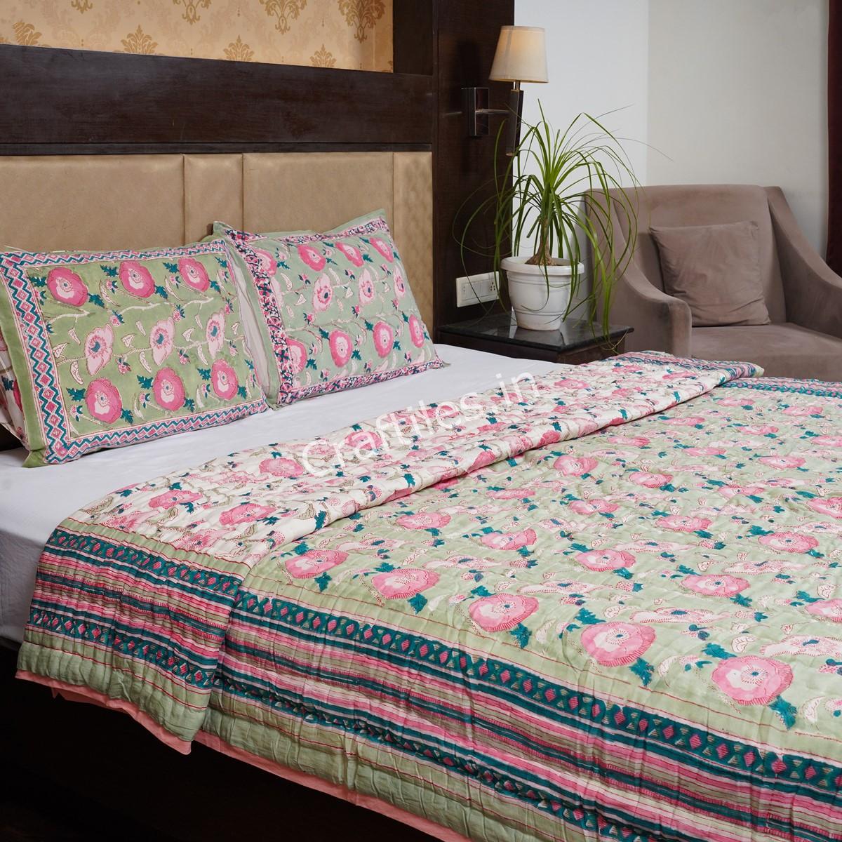 Craftiles - Varista Jaipuri Handblock Printed Reversible Jaipuri Quilt by Jaipurdharohar - Green - Image 3