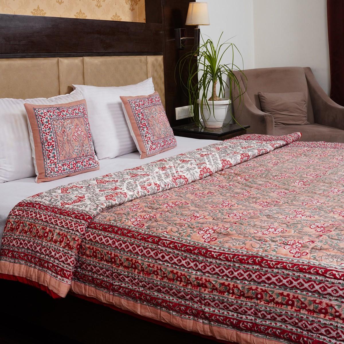 Peach Jaipuri Handblock Printed Reversible Jaipuri Quilt by Jaipurdharohar - Peach - Image 3