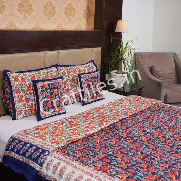 Craftiles -  Rose Jaipuri Handblock Printed Reversible Jaipuri Quilt by Jaipurdharohar - Blue - Image 4