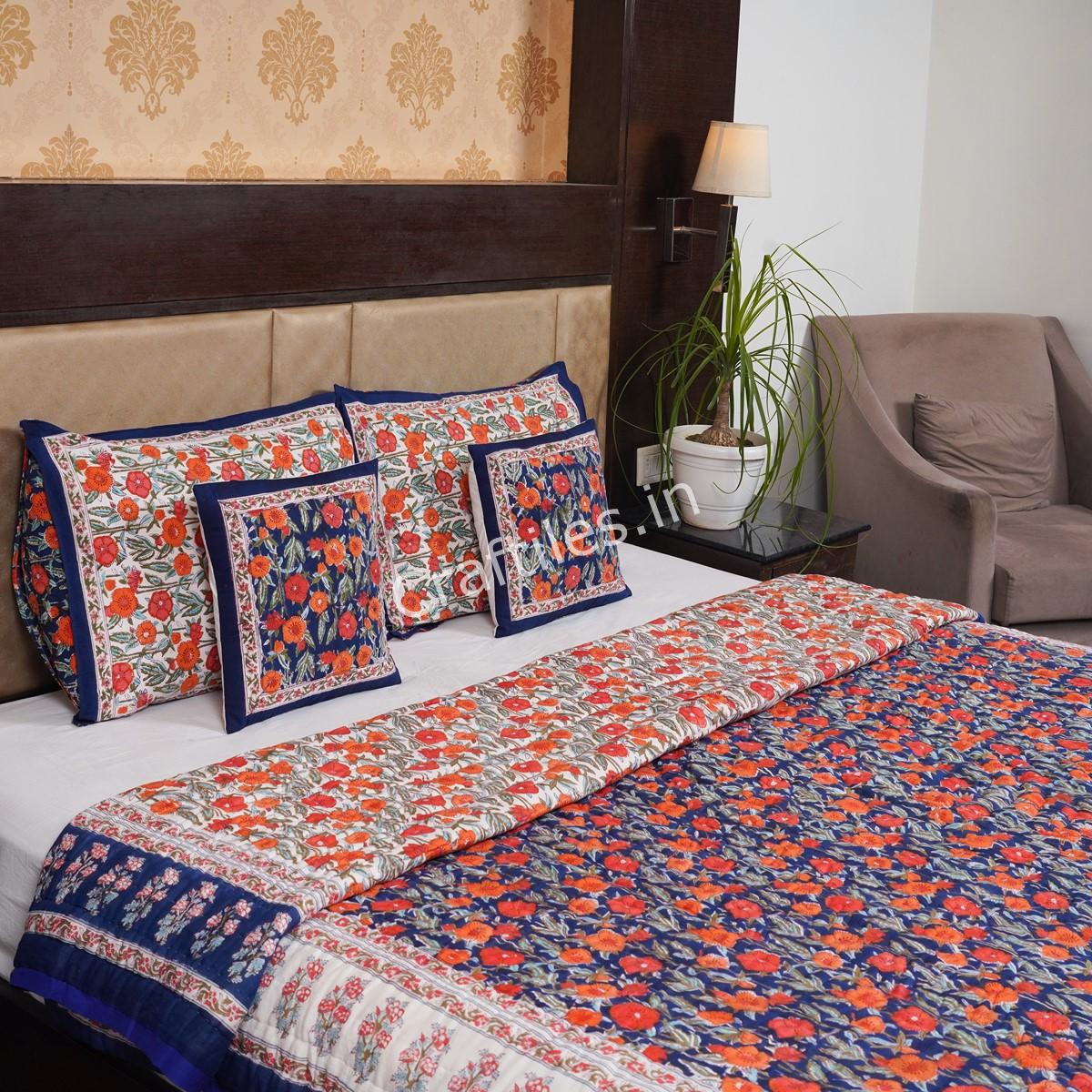 Craftiles - Rose Jaipuri Handblock Printed Reversible Jaipuri Quilt by Jaipurdharohar - Blue - Image 4