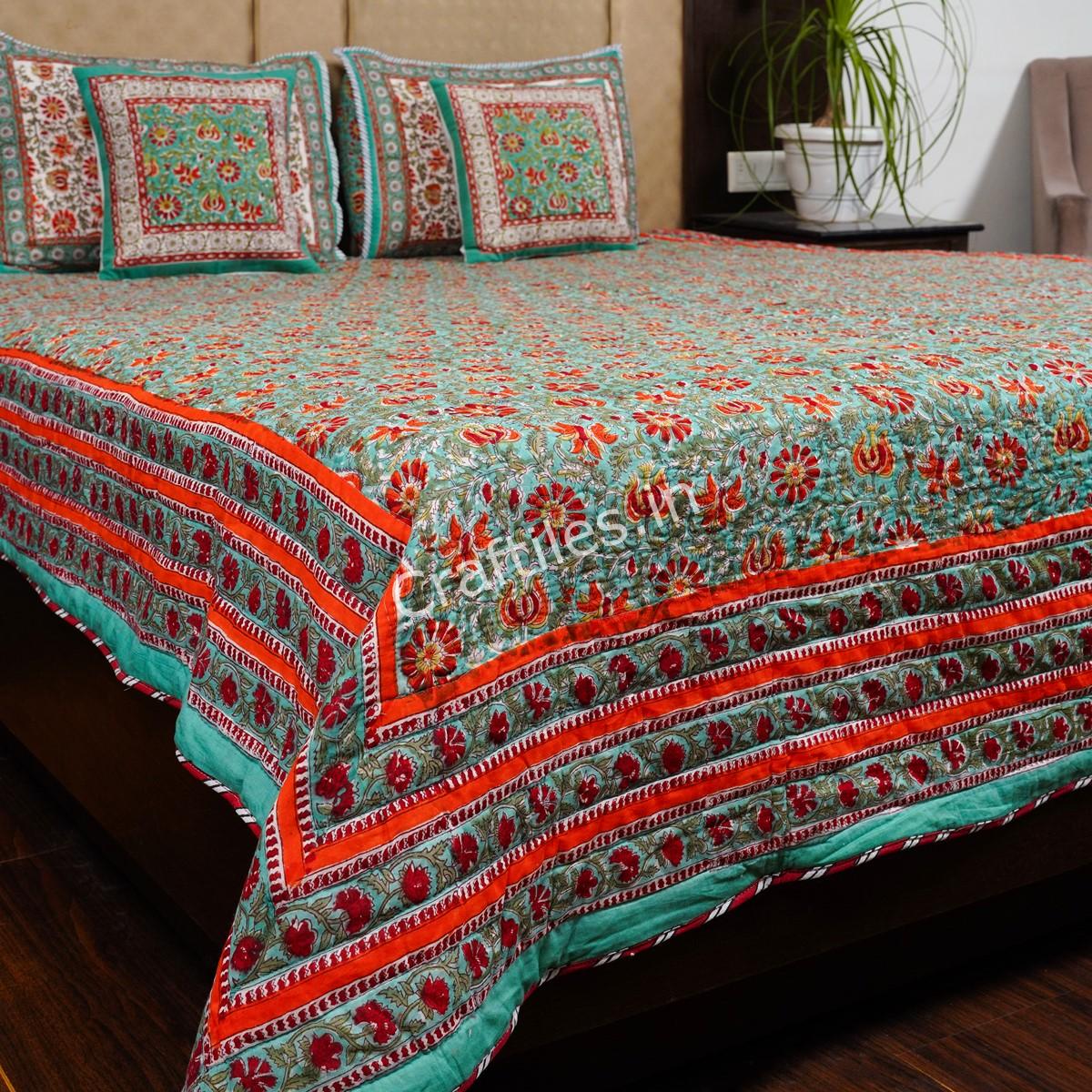 Craftiles - Chakri Jaipuri Handblock Printed Reversible Comforter by Jaipurdharohar - AC Quilt | Comforter | Bedcover | Gudarie - Green - Image 3