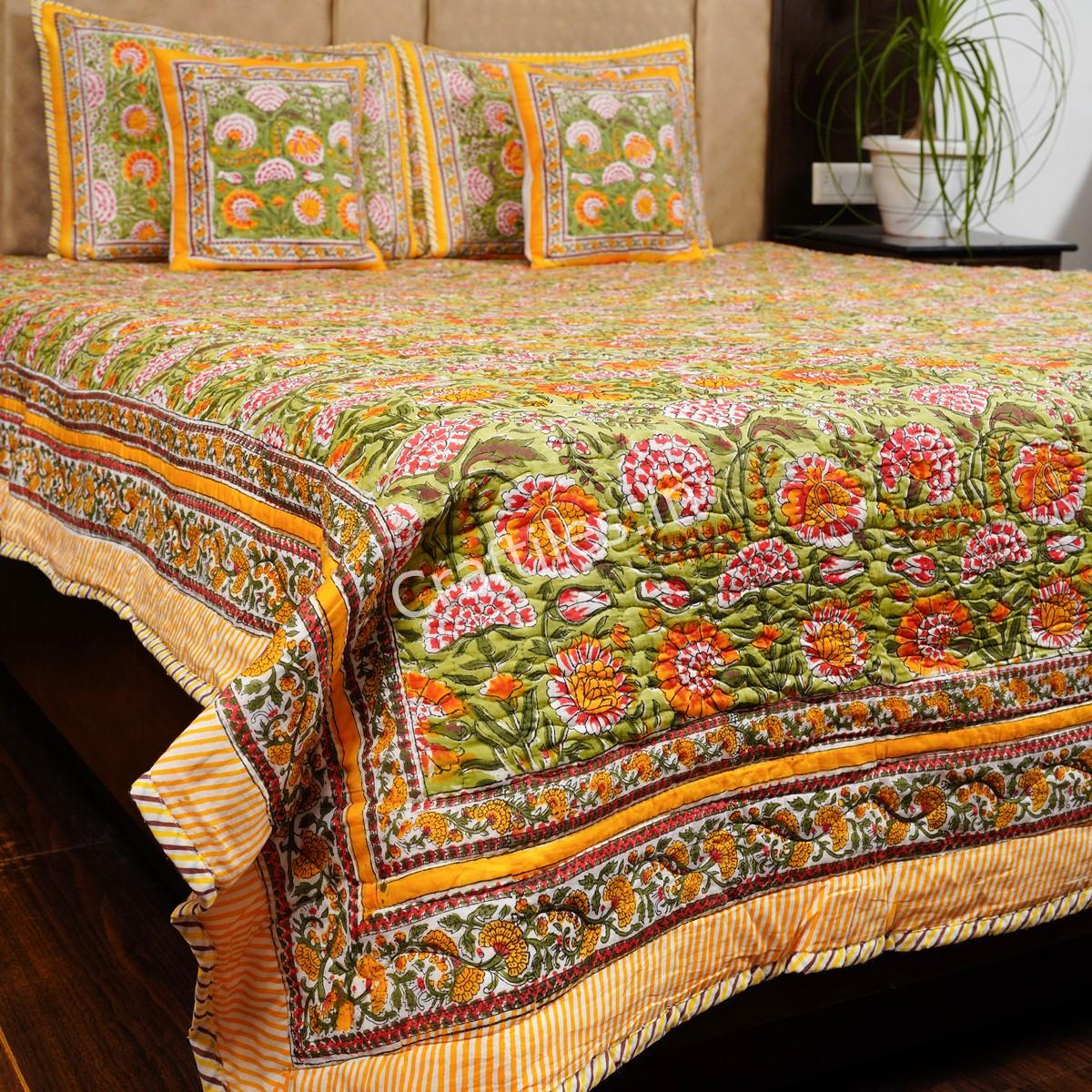 Craftiles - Surajmukhi Jaipuri Handblock Printed Reversible Comforter by Jaipurdharohar - AC Quilt | Comforter | Bedcover | Gudarie - Yellow - Image 3
