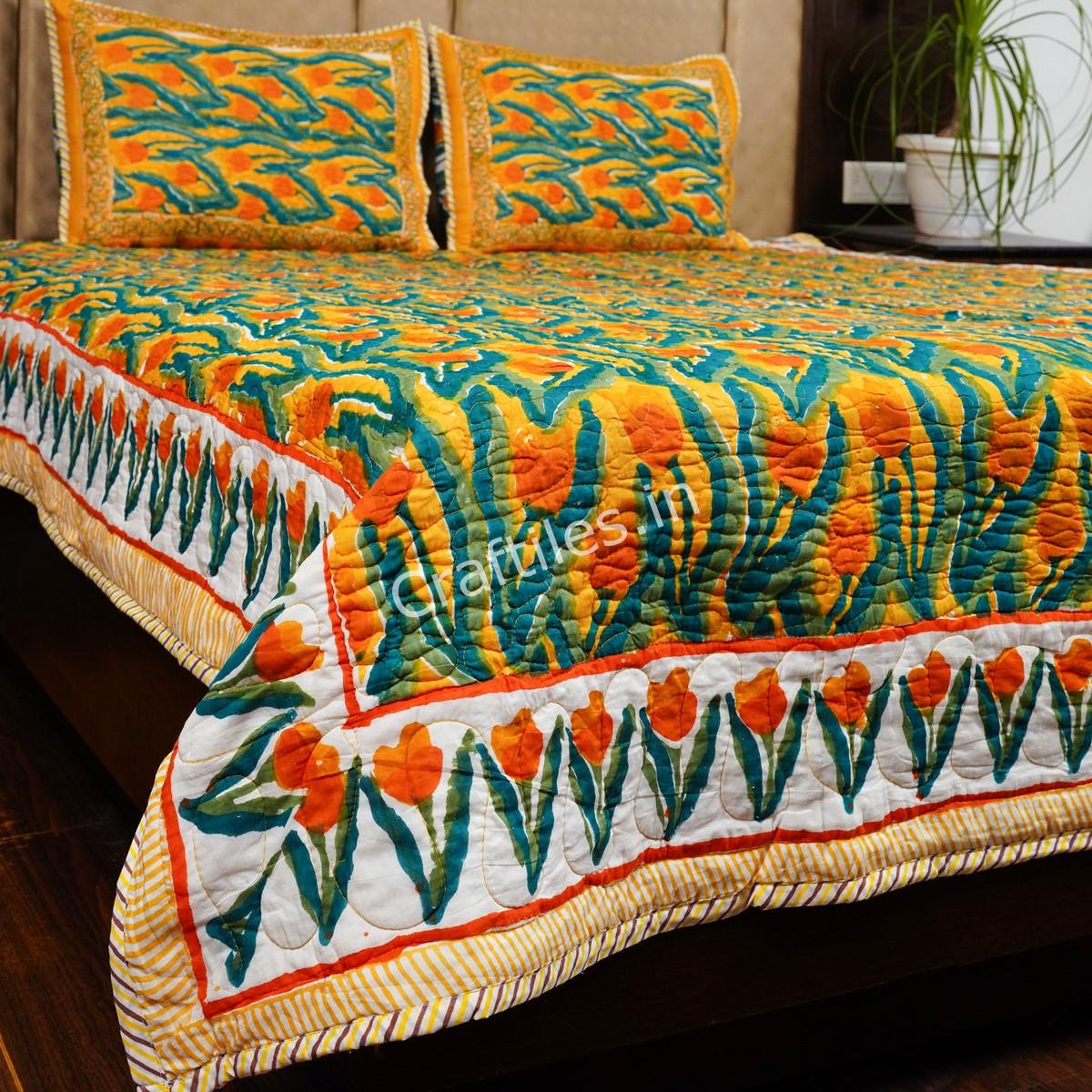 Craftiles - CF1121 Tulip Jaipuri Handblock Printed Reversible Comforter by Jaipurdharohar - AC Quilt | Comforter | Bedcover | Gudarie - Yellow