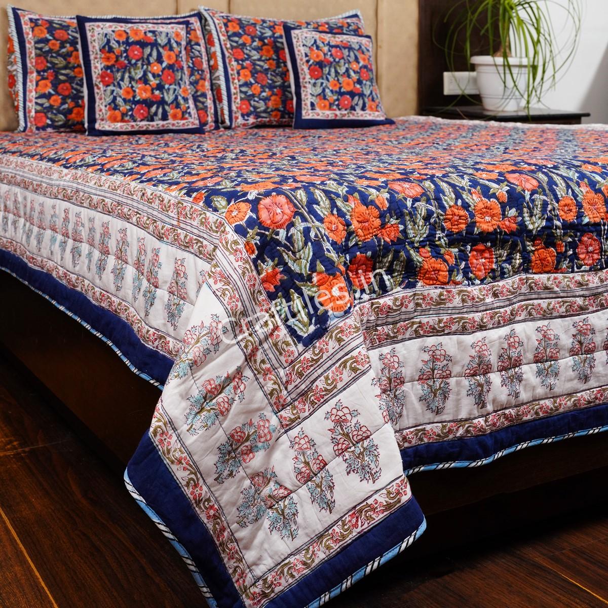 Craftiles - Rose Jaipuri Handblock Printed Reversible Comforter by Jaipurdharohar - AC Quilt | Comforter | Bedcover | Gudarie - Blue - Image 3